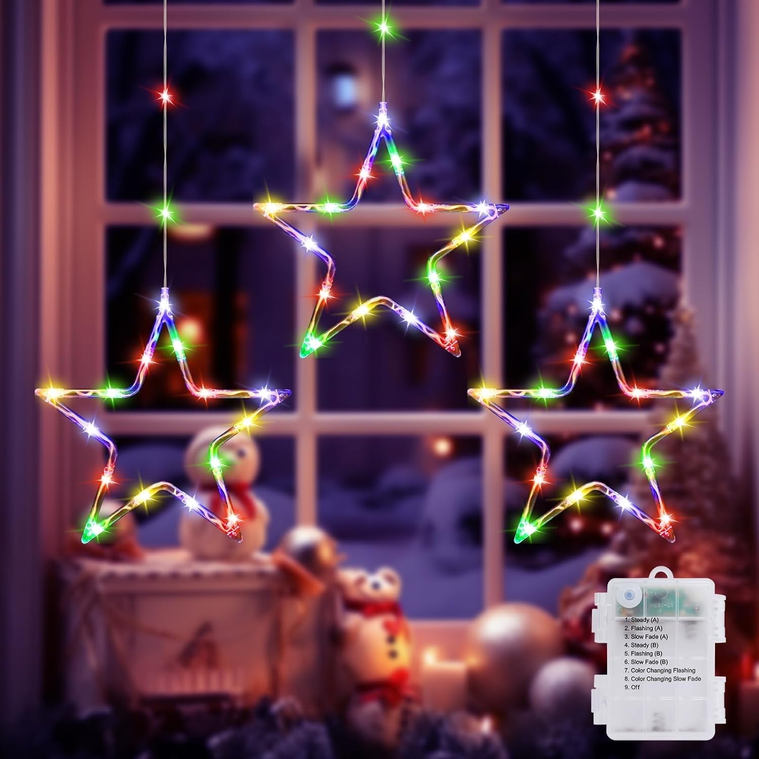 Christmas Window Lights,Quntis Color Changing 60LED 3 Stars Stars Christmas Curtain Lights with Timer and 8 Mode,Battery Operated Christmas Decorations Star Lights Indoor Outdoor for Bedroom Wall